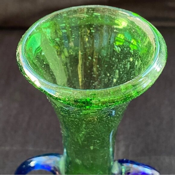 Handblown Artisan Glass Vase Blue and Green 7.25in - Picture 8 of 15
